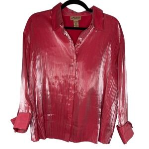 Vintage Milano Metallic Pink Crinkle Button Down Blouse‎ XL Y2K Glam Party Top